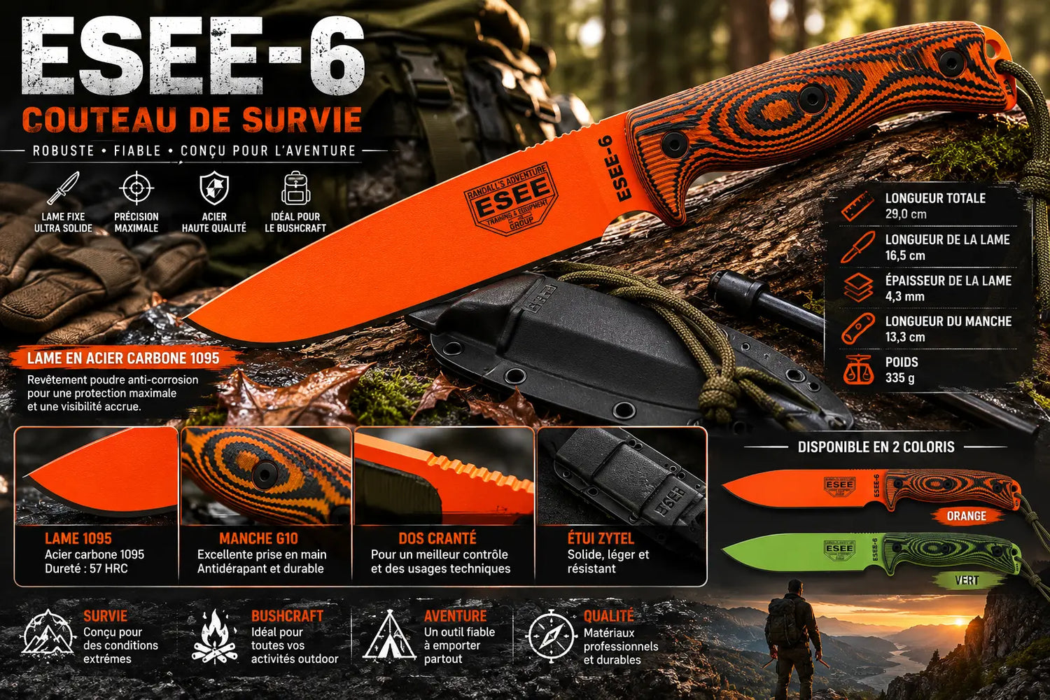 ESEE-6 Orange ou Vert – Couteau de Survie Professionnel en Acier Carbone 1095 | Bushcraft, Camping, Chasse & Outdoor