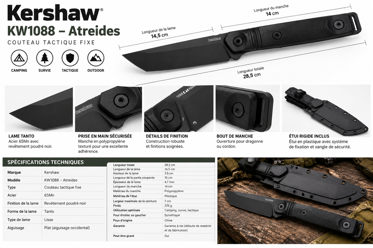 Couteau Kershaw Atreides 1088 – Lame Tanto 65Mn – Étui rigide