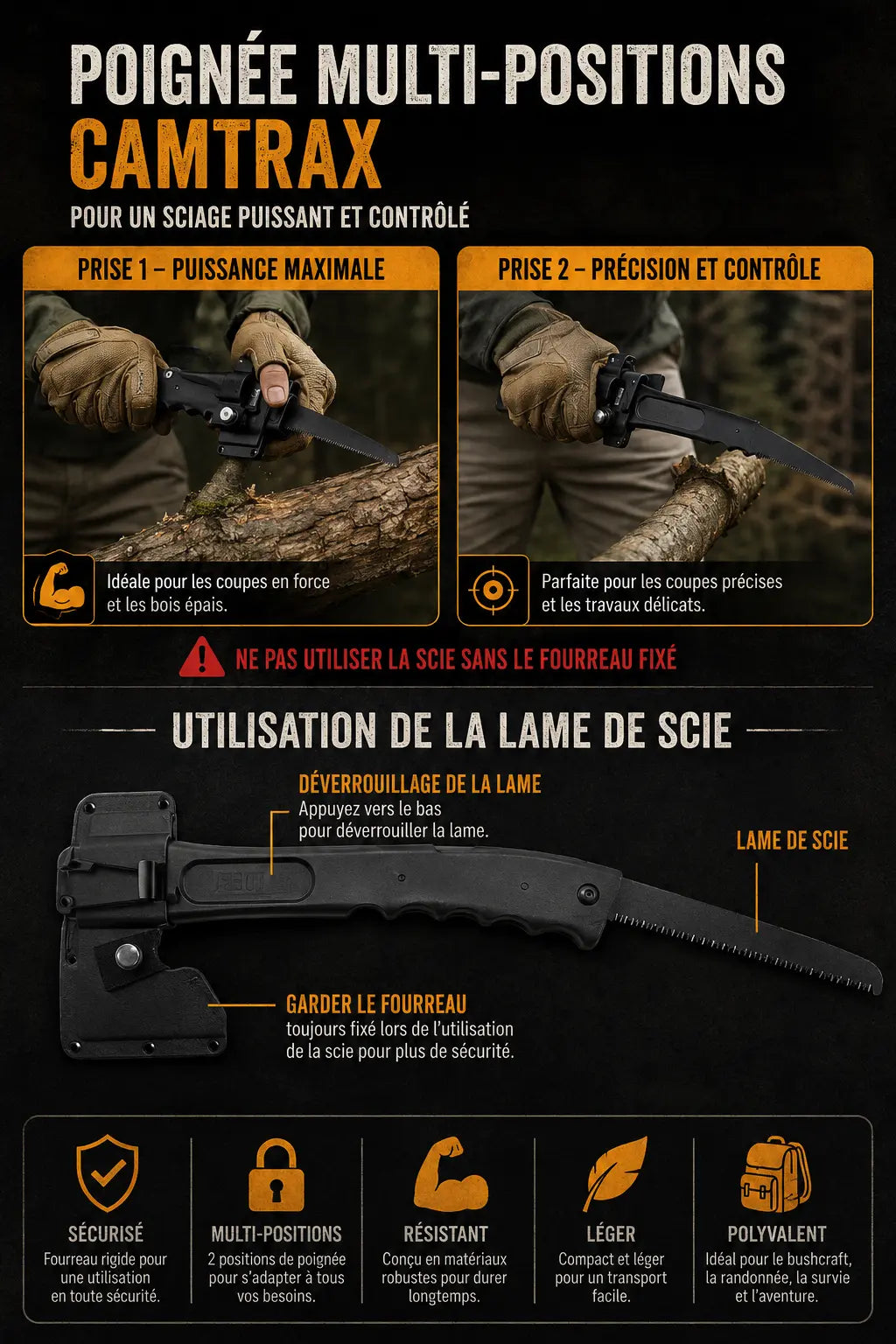 Hachette Multifonction 3-en-1 CAMTRAX™ – Outil de Survie Ultime