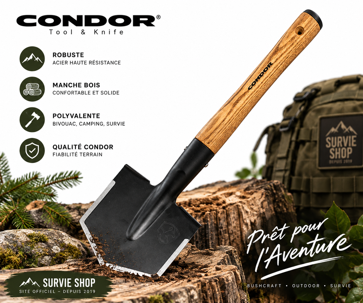 Pelle de survie Condor – Acier carbone 1045 & manche Hickory américain brûlé