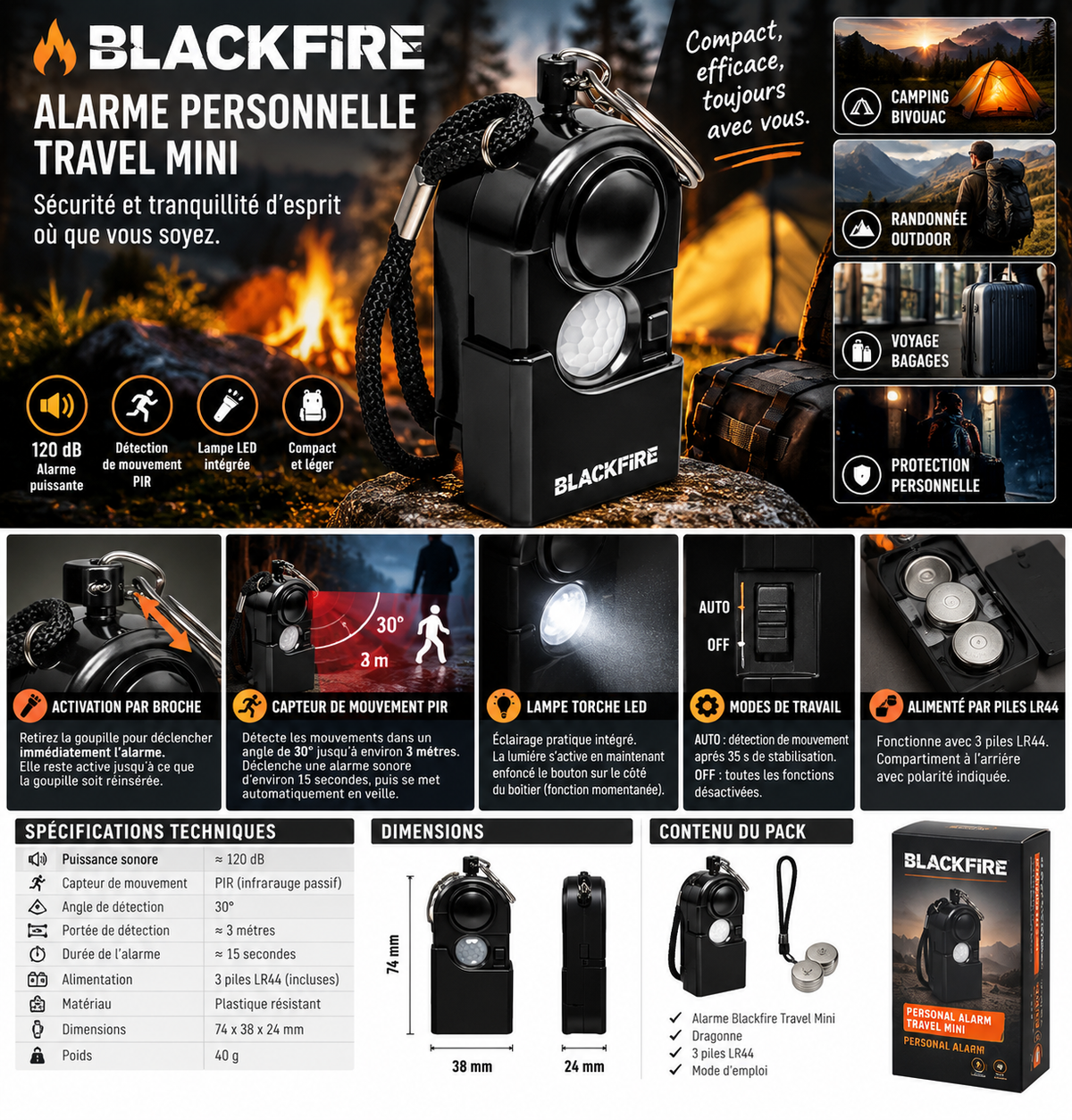 Infographie technique Blackfire Travel Mini 120 dB, portée 3 m et dimensions.