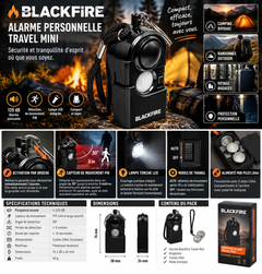 Infographie technique Blackfire Travel Mini 120 dB, portée 3 m et dimensions.