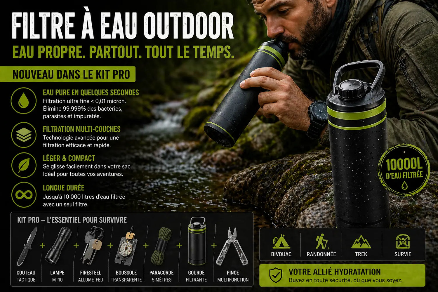Kit de Survie Complet 48H – Couteau, Firesteel, Boussole & Lampe Tactique