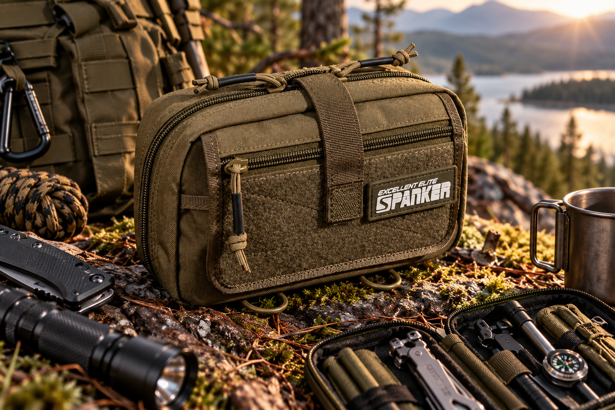 Pochette EDC outdoor en forêt avec équipement de randonnée