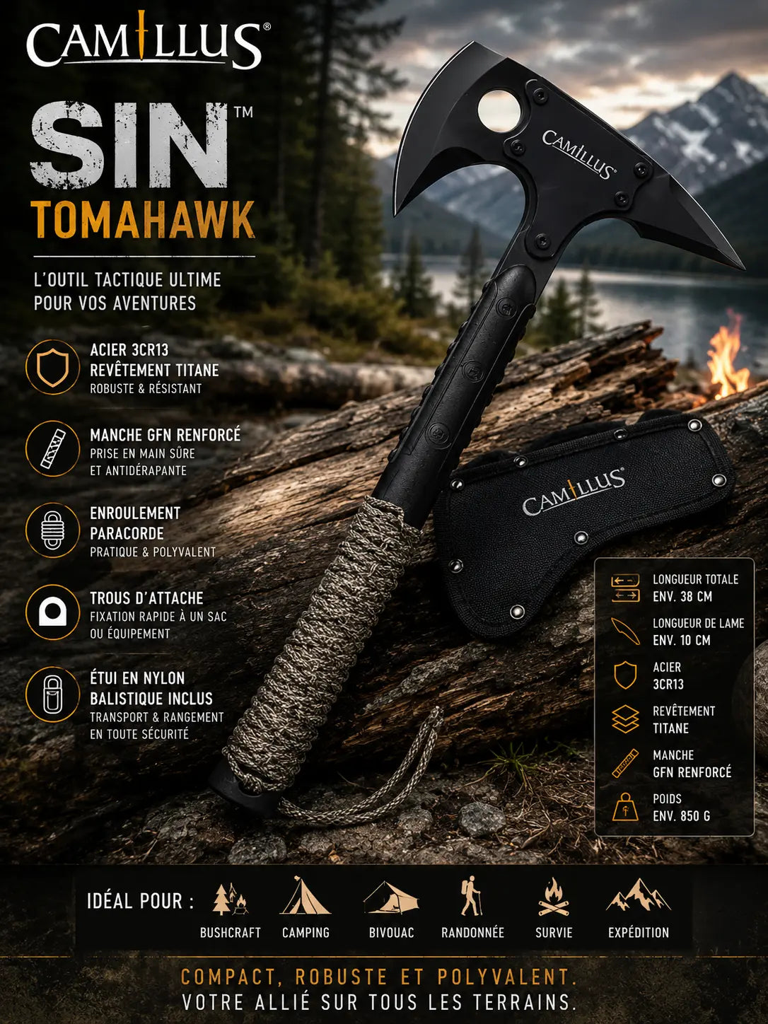 Tomahawk Camillus SIN™ – Hache Tactique Outdoor, Bushcraft & Survie avec Étui